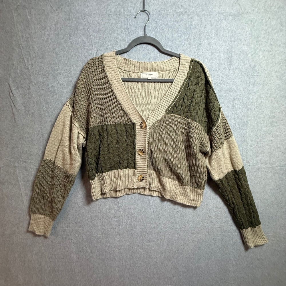 No Comment NY-LA Patchwork Cable Knit Cropped Cardigan Sweater Olive Beige XL